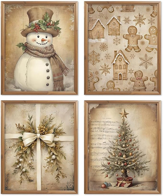 Wheatwin Vintage Christmas Wall Decor, Christmas Tree Snowman Wall Art Prints Set of 4, Boho Merry Christmas Wall Decor for Home Bedroom Living Room Office, 8x10 (Unframed)