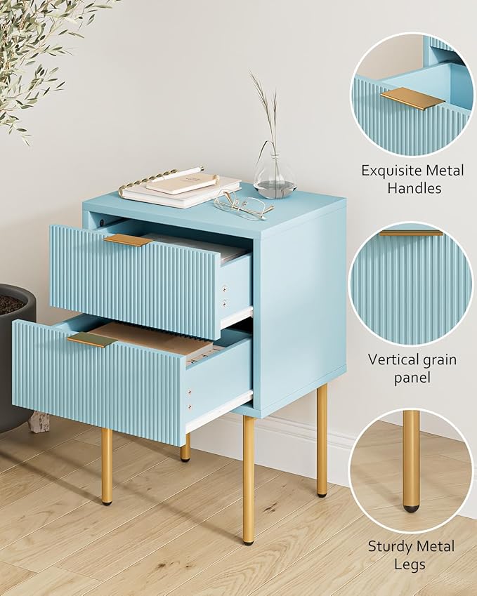 Masupu Night Stand,Mid-Century Modern Bedside Table with 2 Storage Drawer,Small Gold Frame Side End Table for Bedroom,Living Room, Blue