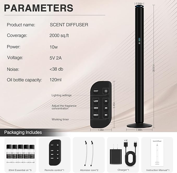 Waterless Scent Diffuser Starter Kit - 2000 Sq Ft Coverage, Luxury Hotel Scent Diffuser, Diffusers for Essential Oils Large Room, Included 5 Scent Oils, Remote Control, Black, 40In