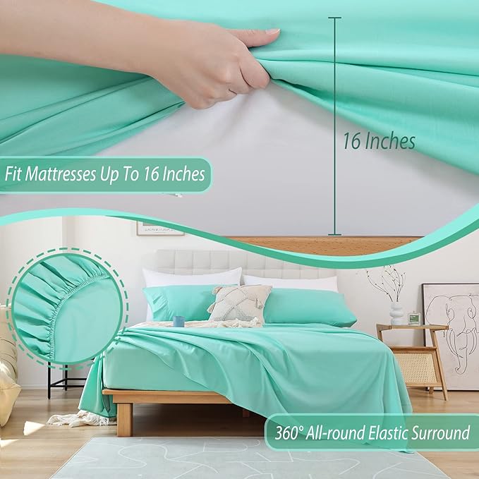 Whitney Home Textile King Size Sheets Set, Soft Microfiber Hotel Bed Sheets King Size, Extra Deep Pocket, Luxury Breathable Bedding Sheet & Pillowcase Sets, 4 Piece Wrinkle Free Oeko-Tex, Aqua