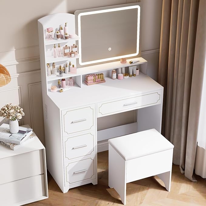 Vanity Table with LED Mirror & Power Outlet - 5 Open Shelves, 4 Drawers - Includes Padded Stool - Ideal Bedroom Makeup Dressing Table (White)