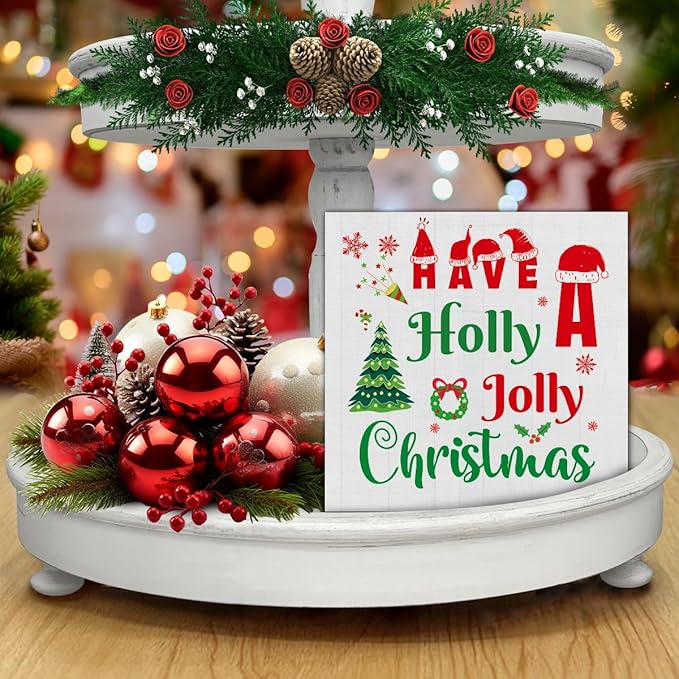 Indoor Christmas Decorations, Have a Holly Jolly Christmas Wooden Sign Decor, Farmhouse Christmas Wooden Block Sign, Christmas Home Decor for Table Shelf 5 x 5 Inch