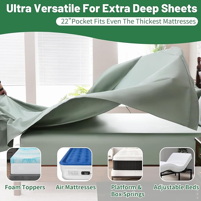 Extra Deep Pocket California King Sheets 18-24 Inch 100% Egyptian Cotton 1000 Thread Count Sateen Weave Soft Breathable 4 Pieces(Ca King,Sage Green)