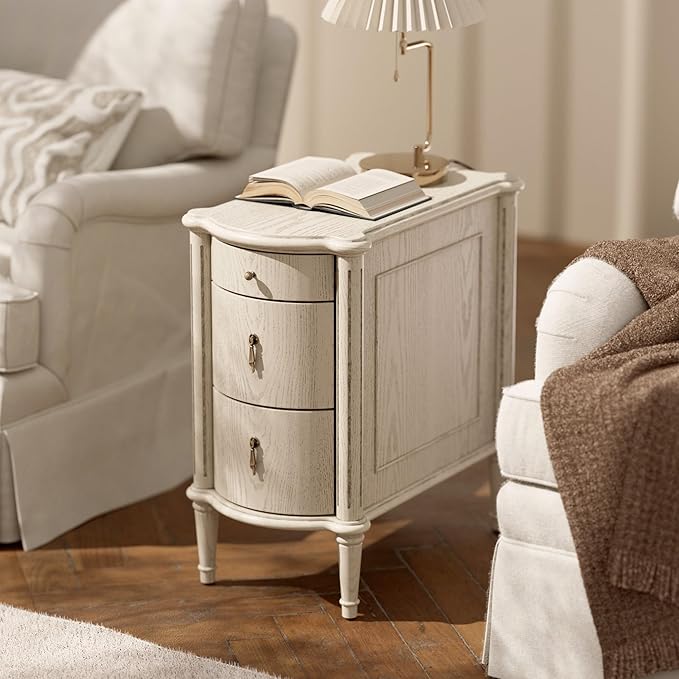 STO'SENSE Nightstand Set of 2 w/Charging Station & 3 Drawers, Pre-Assembled, Vintage Side Table w/Antique-Finished Pulls, Rustic Wood Finish, Narrow End Table w/Turned Legs for Bedroom, Antique Grey