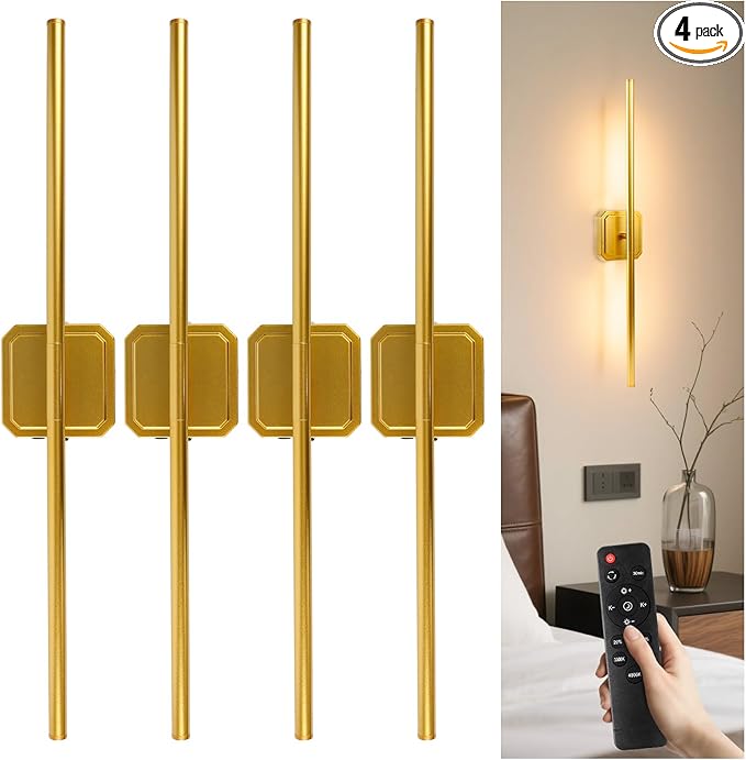Battery Operated Wall Sconce Detachable 360°Rotate, Wireless Wall Lamp 3000-6500K Dimmable, 10000mAh Rechargeable Wall Light for Bedroom, Living Room,28" Black Gold (4 Pack)
