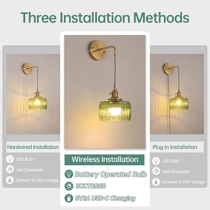 Battery Operated Wall Sconce with Green Striped Shade Pattern Glass Adjustable Chain Retro Gold Wall Mounted Light, Modern Wall Lamp Fixtures Decor for Bedside Bedroom Indoor Doorway