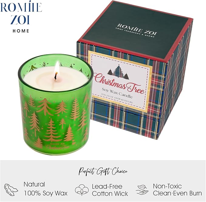 ROMIIE ZOI Christmas Scented Candle - 6oz Soy Wax Candle, Christmas Tree, Infused with Fresh-Cut Spruce Branches Aroma - Scottish Plaid Green and Red Gift Box for Holiday Season Gift