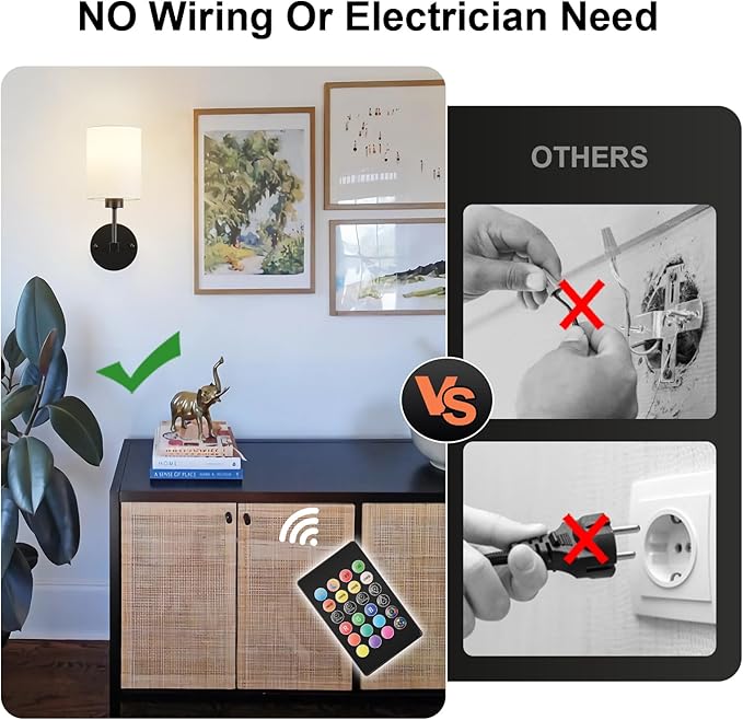 Battery Operated Wall Sconce Set of Two,Wireless Rechargeable Wall Light With Remote Control, Dimmable, 1800K/3000K/4000K/6000K/RGB, Timer, for Living Room, Bedroom, Fireplace, TV, 13.5 Inch, Black