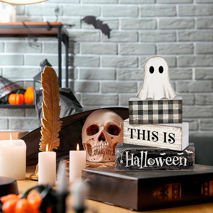 4 Pcs Ghost Halloween Decor Black and White Halloween Tiered Tray Decor Ghost Table Centerpiece Decorations Rustic Wooden Block Sign Gift for Home Shelf Kitchen Coffee Bar