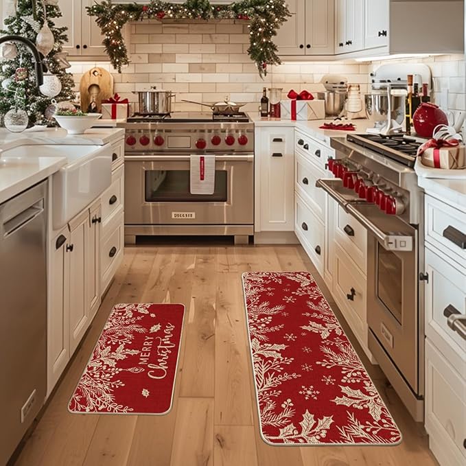 Artoid Mode Holly Pine Branches Leaves Merry Christmas Kitchen Mats Set of 2, Winter Decor Low-Profile Kitchen Rugs for Floor - 17x29 and 17x47 Inch