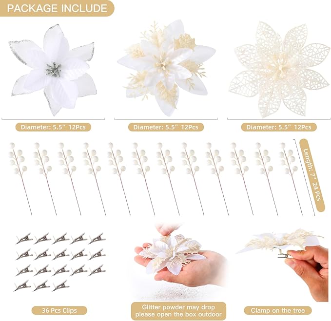 Floweroyal 60pcs Poinsettia Artificial Christmas Flowers Decorations with Clips and Berry Stems Glitter Ornaments for Christmas Tree Wreath Fireplace Stairs Decor (White-3 Styles)