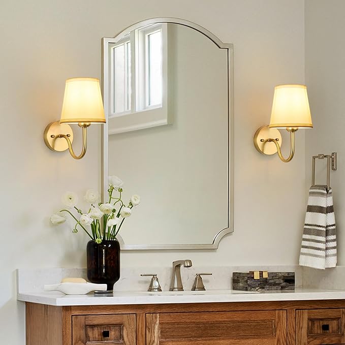Wall Sconce Set of 2, Gold Bathroom Vanity Sconces Wall Lighting, Indoor Wall Lights with Light Beige Fabric Shades, Wall Mounted Lamps for Bedroom Living Room Hallway