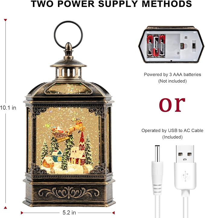 Christmas Snow Globe Lighted Church & Flying Santa Scene, Musical Snow Water Lantern Swirling Glittering Home Decoration and Gift, Battery Operated or USB Powered