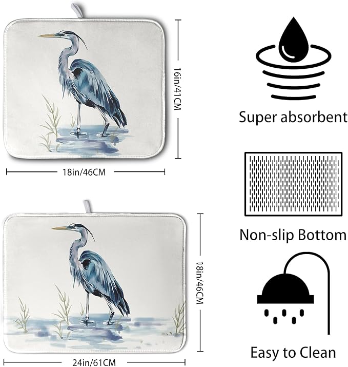 Summer Dish Drying Mat Blue White Heron Beach Absorbent Microfiber Drying Mats for Kitchen Counter Coastal Nautical Birds Dishes Drainer Mat Extra Large 18x24 Inch