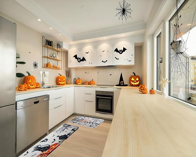 Halloween Kitchen Mats Set of 2, Halloween Decor Black Cat Pumpkin Rugs, Non-Slip Washable Kitchen Mats for Floor Kitchen Bathroom, Halloween Decorations for Home,17"x27+17"x47" 