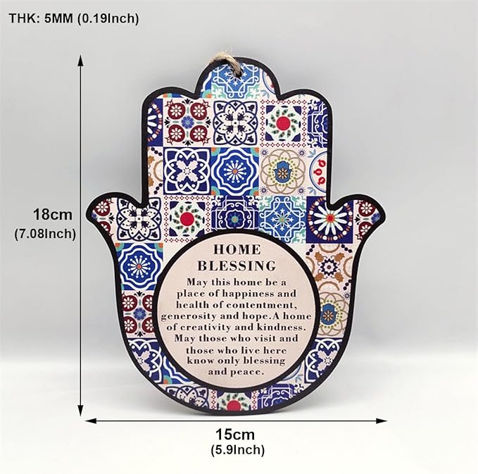 ArancioneandQ Hamsa Good Luck Home Blessing Oriental Blue Evil Eye Protection Amulet Hand Wall Hanging Decor (English Blessing) 7.1 Inch