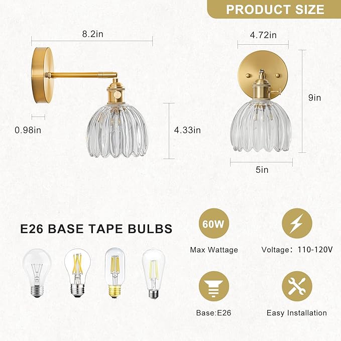 Wall Sconces Set of Two Hardwired, Vintage Sconce Light with Tulip Transparent Glass Lampshade, Bathroom Wall Lights with Switch, Gold Wall Light Sconces Wall Decor Set of 2