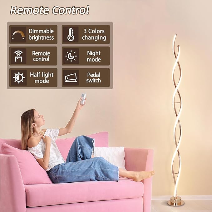 ADISUN 31W Modern Floor Lamp, LED Spiral Floor Lamp for Living Room, 3-Color Dimmable Standing Floor Lamps with Remote Control, 58" Tall Lamp for Bedroom Office Dining Room (Gold)