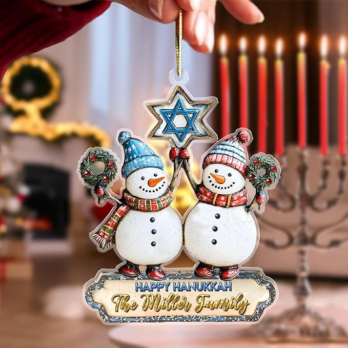 Personalized Snowman Ornament - Custom Hanukkah Ornaments for Tree, Jewish Ornaments, Hanukkah Gifts for Women Men, Couple Wedding Family Christmas Ornaments for Decorations