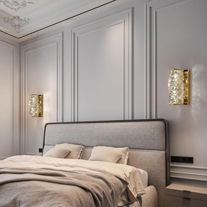HuisMier Gold Crystal Wall Sconce, Modern Dimmable LED Sconces Wall Lighting, Luxury Vanity Light Fixture Bathroom Wall Sconces for Living Room Bedside Hallway Stairway