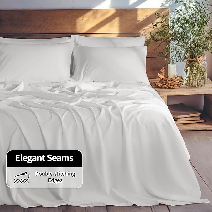 LBRO2M 100% Linen Sheet Set Queen Size, Bed Sheets 6 Piece Sets,Solid Color Natural Flax Bed Sheets Soft Breathable Bedding,16" Deep Pocket,All Season (Queen, White)