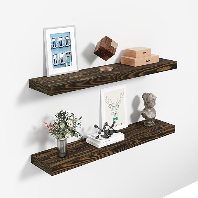 24'' Pine Wood Floating Shelves for Wall- Set of 2 - Rustic Wall Mounted Wooden Shelf for Stylish Home Dรฉcor (Dark Brown, 24x6.5x1.25), 2pcs