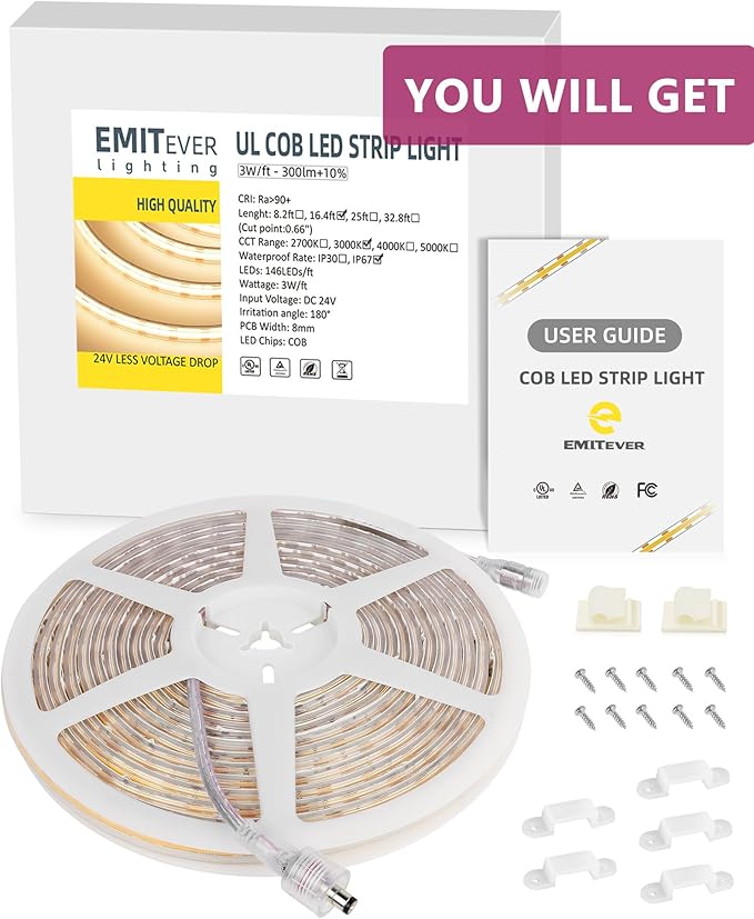 EMITEVER COB LED Strip Lights Waterproof IP67, 3000K Warm White Outdoor 24V Dimmable Silicone LED Tape Lighting 16.4ft High Density, 300+LM/ft, 2400LEDs,3W/ft, UL Listed (Power Supply Not Included)