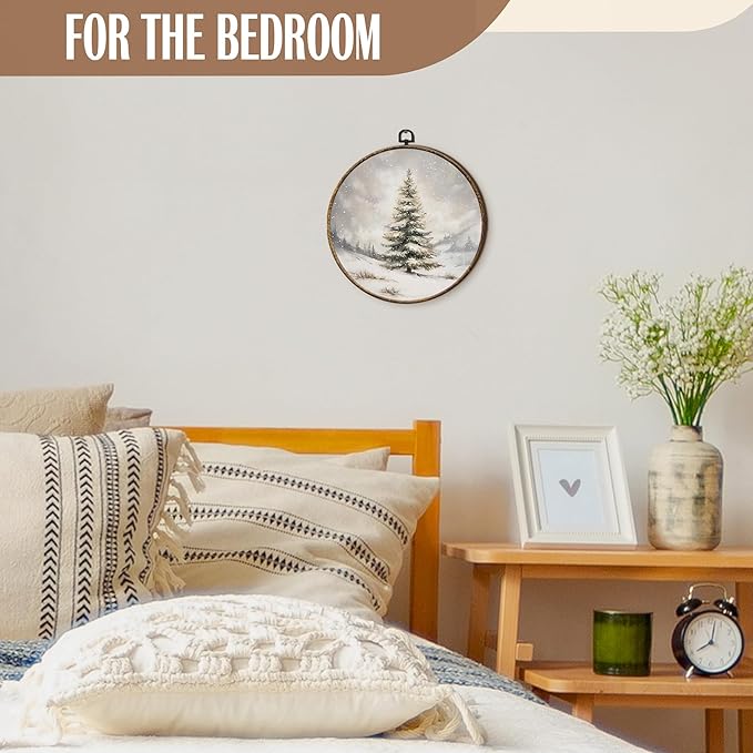 FSTCSV Winter Christmas Tree Round Wall Art Framed, Vintage Christmas Tree Snow Canvas Prints Wall Hanging Art, Retro Neutral Winter Forest Pine Trees Snow Circle Walls Decor for Home Bedroom,10x10in