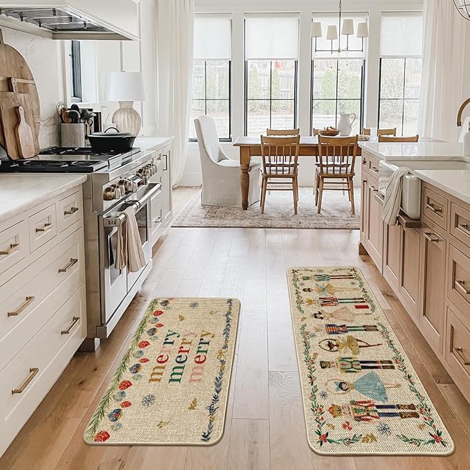 Artoid Mode Watercolor Nutcrackers Merry Christmas Decorative Kitchen Mats Set of 2, Home Party Low-Profile Kitchen Rugs - 24x35 and 24x59 Inch