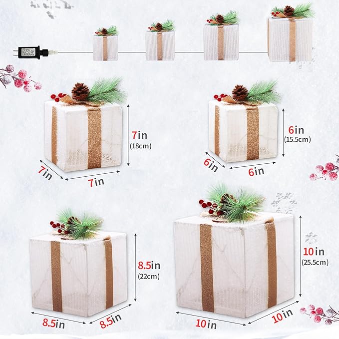 DomKom Set of 4 Christmas Lighted Gift Boxes, 70 Led Light Up White Iron Frame Present Box with Pine Cones Bows for Christmas Tree Party Yard Holiday Indoor Outdoor Decoration