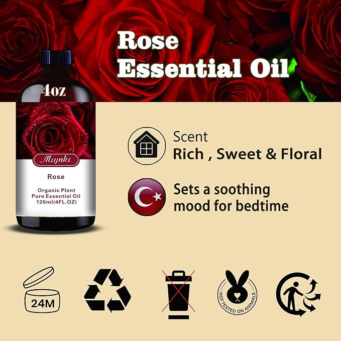 Rose Fragrance Oil-Rose Essential Oil 4.33oz (130ml)-100% Pure Natural Scent for Diffusers, Candles, Soap Making & Aromatherapy-Relaxing Home & Gift Essential Oil for Bath, Massage
