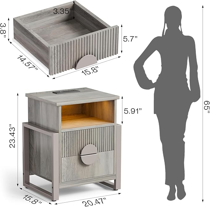 LGHM Set of 2 Large Fluted Nightstand with Charger Station Lights,20.47" W Night Stand with 2 Drawers, Accent Bedside Table and End Table,Semicylinder Drawer Front,Stable Raising Legs,Gray