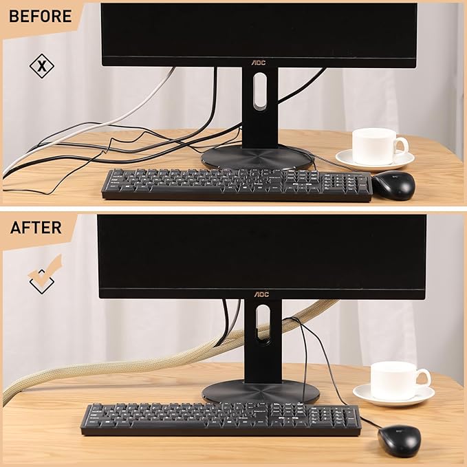 AGPTEK Cable Sleeve Cover, 10ft - 4/5 inch Desk Cord Organizer Cable Hider, Home Office Wire Management Computer TV Wire Loom Tubing, Pet Proof Cord Protector, from Cat Dog Chewing, Wood Color