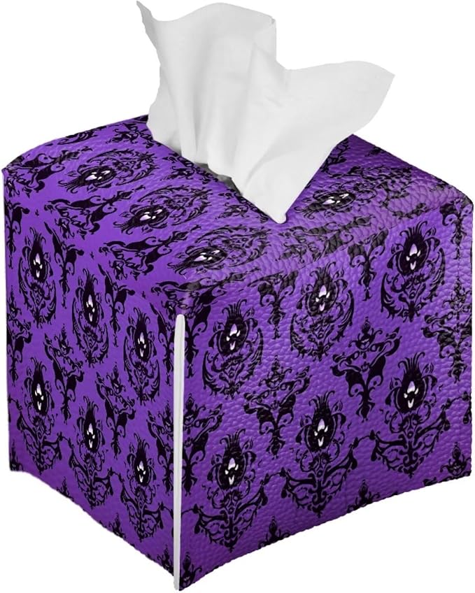 Halloween Home Decor Tissue Box Cover Square Tissue Holder for Bathroom Leather Tissue Box Holder Desk Accessories Napkin Organizer Dispenser Tissue Cube Box Cover Purple