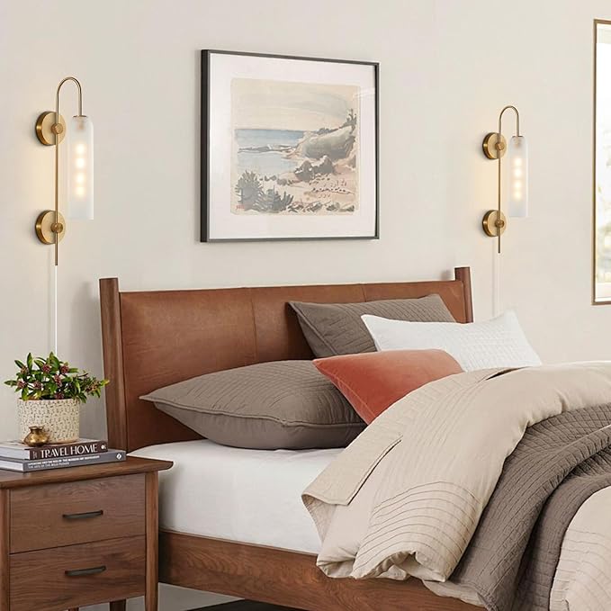 BOKT Mid Century Modern Plug in Wall Sconces Indoor Long Brushed Gold Milk White Glass Sconces Wall Lighting Single Wall Sconce Bathroom Vanity Light Brass Wall Mounted Light Fixture (White)