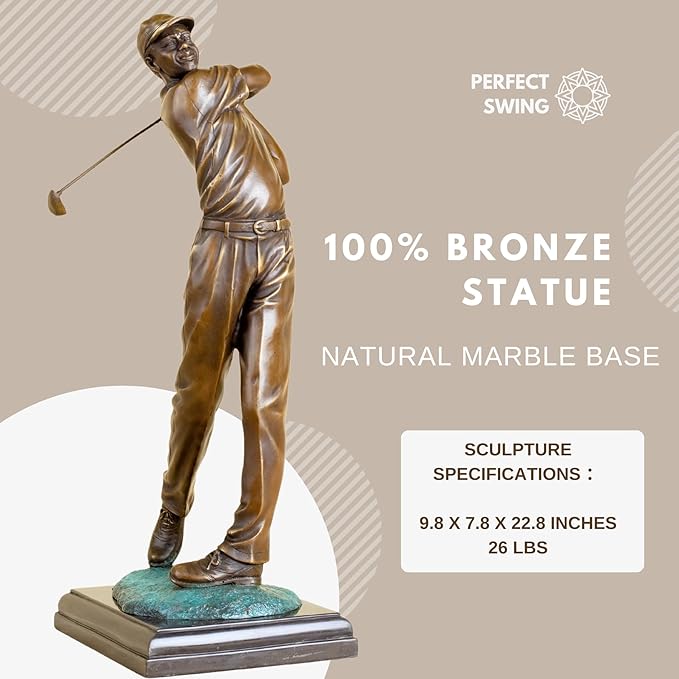 22.8'' Golf Man Bronze Statue, Classical Golfer Bronze Figurine Sculpture with Marble Base Modern Art Crafts for Home Office Decor Gift