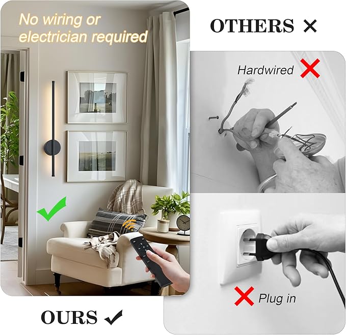 Battery Operated Modern Wall Sconces, Dimmable Wireless Wall Light Set of Two with Remote Control, 3 Color Temperatures, Rechargeable LED Wall Sconce for Bedroom, Living Room, Hallway, 23.6 Inch Black
