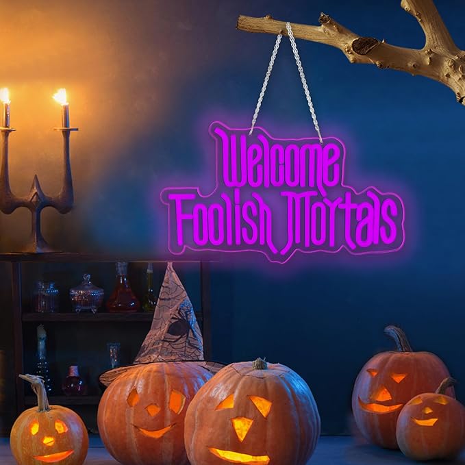 Halloween Welcome Foolish Mortals Neon Sign, Dimmable Gothic Haunted Coffin Halloween Decoration, USB Powered Neon Light, Wall Decor for Home, Bar & Party (Comes with Hooks, Nails and Adhesive Hooks)