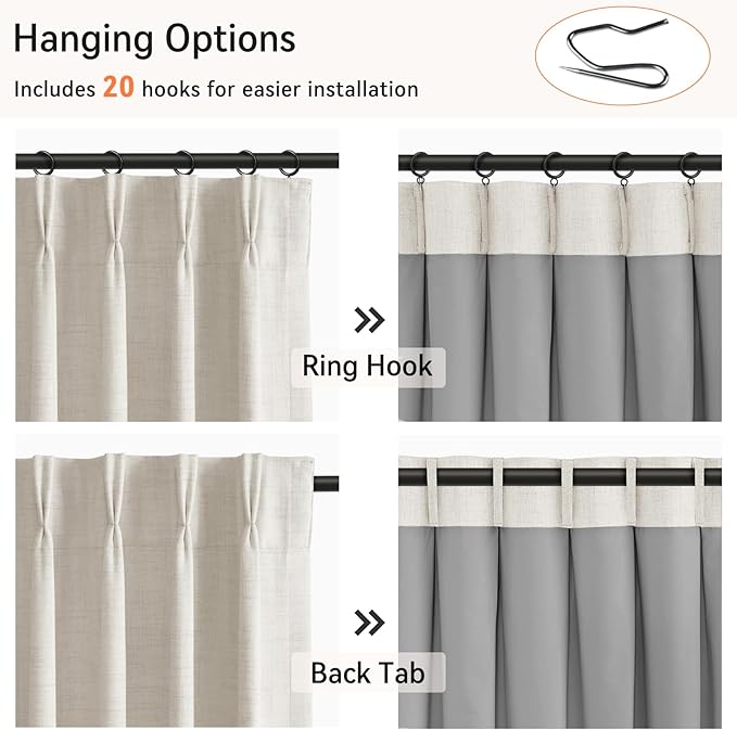 100% Blackout Shield Polyester Pinch Pleated Curtains Blackout, Pleated Drapes with Hooks 96 Inch Long 2 Panels Set, Polyester Blackout Curtains for Bedroom & Living Room, 40" W x 96" L, Beige