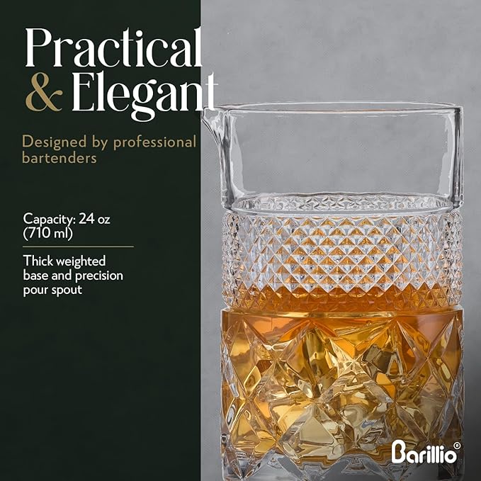 Barillio 24 Oz Crystal Cocktail Mixing Glass with Bamboo Stand & Bar Tools | Seamless Lead-Free Crystal, Weighted Base Stirring Pitcher | Including Muddler, Mixing Spoon, Jigger and Strainer