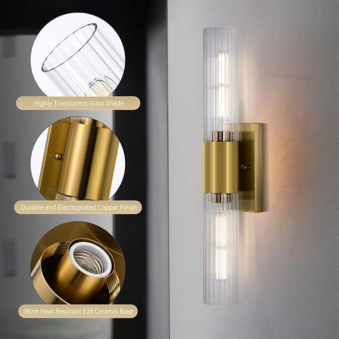 Wall Sconces Set of Two - Gold Bathroom Sconces Wall Lighting with Threaded Glass Wall Lighting Fixtures Mounted Lamps for Bedroom, Bathroom, Living Room, Hallway (Gold Water Pattern)