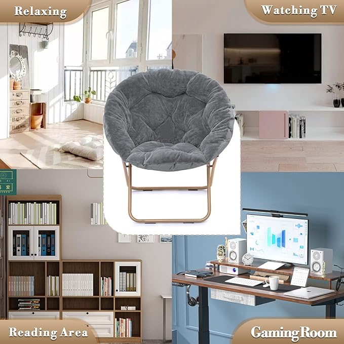 Athena Collection Comfy Saucer Chair Folding Cozy Chair for Bed Room Living Room Accent Chair Faux Fur Reading Chair Foldable Metal Frame Lazy Chair Moon Chair for Adult, Grey