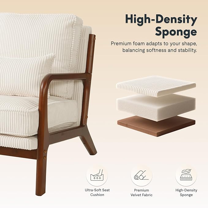 FLEXISPOT AC1 Mid Century Modern Accent Chairs Set of 2, Corduroy Upholstered Armchairs with Wood Frame, Thick Backrest & Lumbar Pillow, Comfy Reading Chairs for Living Room, Bedroom, Balcony (White)