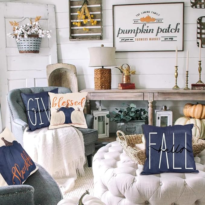 Fall Pillow Covers 20 x 20 Inch Blue Pumpkins Throw Pillow Covers for Farmhouse Autumn Cushion Covers Thanksgiving Pillow Case for Indoor Home Bedroom Sofa Decor