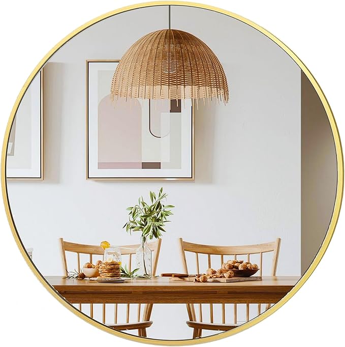 30 inch Gold Circle Wall Mirror, Brushed Gold Metal Framed Round Mirror for Bathroom Vanity, Bedroom Decor, Living Room, Entryway