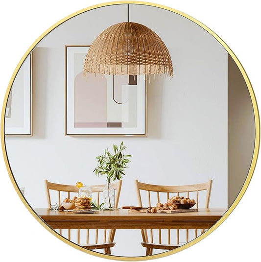 28 inch Gold Circle Wall Mirror, Brushed Brass Golden Metal Framed Round Mirror for Bathroom Vanity, Bedroom Decor, Living Room, Entryway