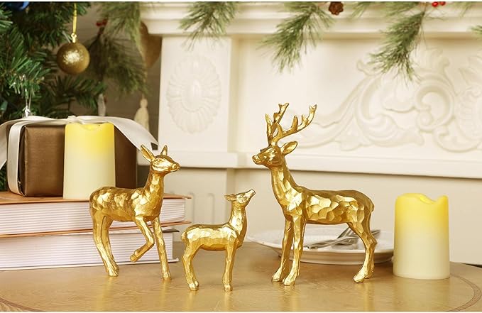Lulu Home 3 PCS Christmas Tabletop Decorations, Resin Golden Reindeer Family Figurines with Diverse Postures, Xmas Holiday Winter Centerpieces Ornaments for Mantel Shelf Sill Home Office Decor