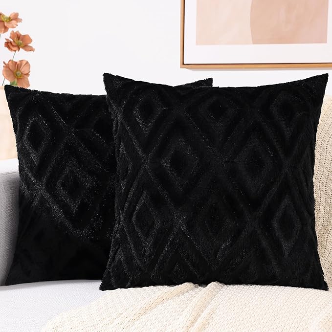 decorUhome Couch Throw Pillow Covers 22x22 Set of 2, Decorative Soft Plush Faux Wool Neutral Accent Pillow Covers for Bed Sofa Living Room, Black