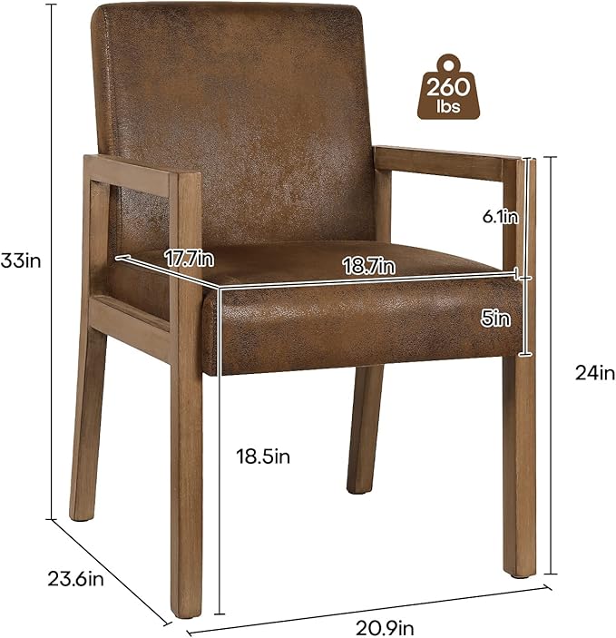 Bekrvio Dining Chairs, Upholstered Faux Leather Dining Chairs with Arms, Mid Century Modern Accent Chairs for Living Room, Arm Chairs with Wood Frame (1, Brown with Wood Arms)