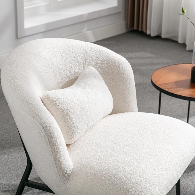 Modern Accent Chair Set of 2, Upholstered Sherpa Fabric Side Chair Guest Chair with Small Pillow Black Metal Legs, Comfy Lounge Chair for Living Room Bedroom, White